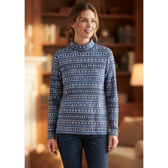 Lands' End Tops - Lands End Mock Neck Knit Top Fair Isle Women's M 10-12 Holiday Travel Outdoor
